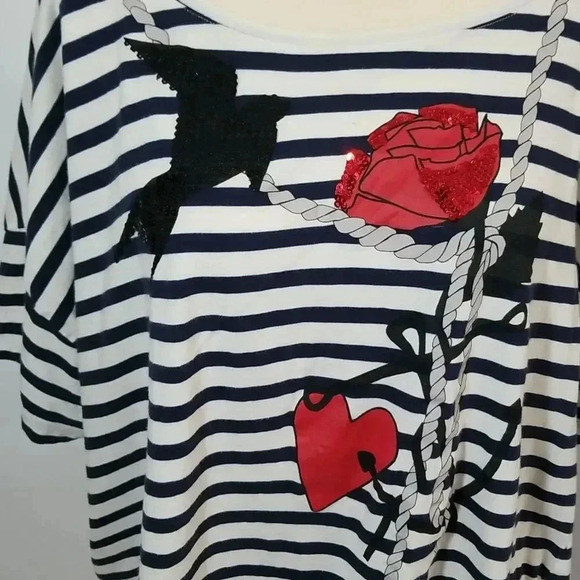 {H&M} Nautical Black Bird & Rose Print Striped Top - Picture 5 of 12